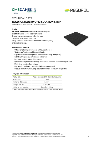 REGUPOL blockwork isolation strips - Technical Data