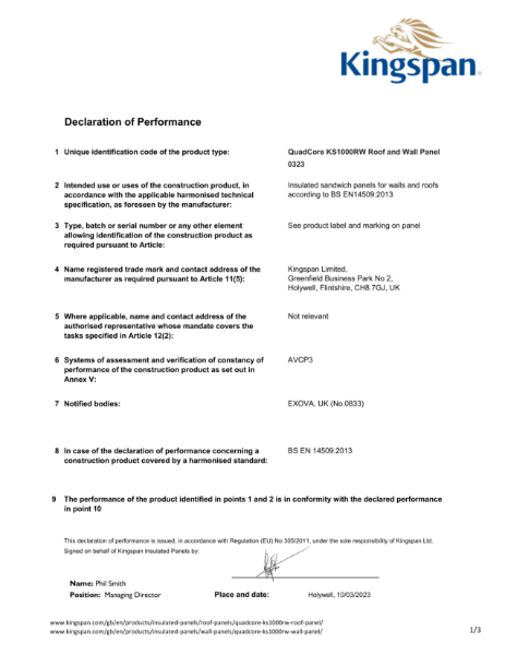 Declaration of Performance UKCA Quadcore KS1000RW Insulated Panel