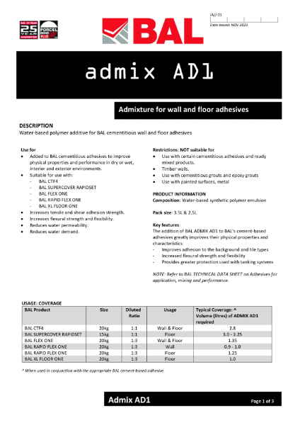 BAL Admix AD1 Technical Datasheet