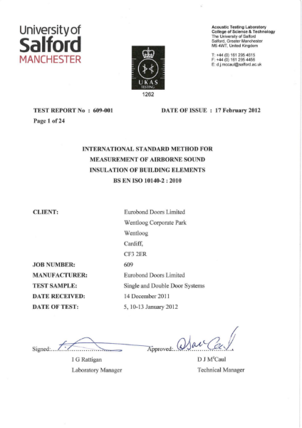 University of Salford - BS EN ISO 140-3: 1995 Acoustic Test Report