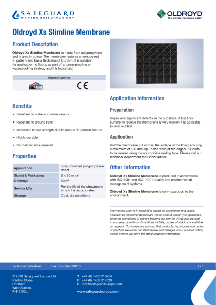Oldroyd xs slimline membrane datasheet