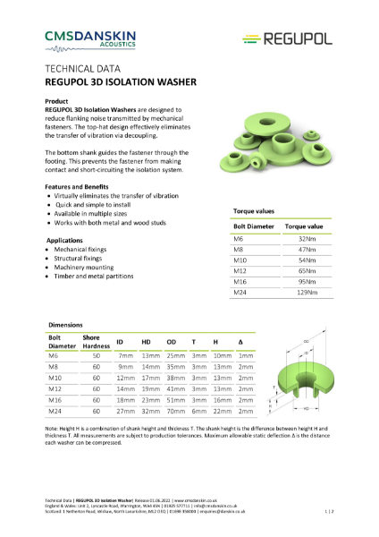 REGUPOL 3D Isolation Washer - Technical Data Sheet