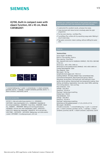 iQ700, Built-in compact oven with steam function, 60 x 45 cm, Black CS958GDD1