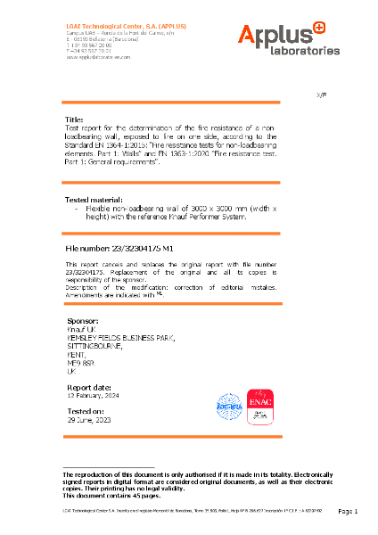 Fire resistance to BS EN 1364-1