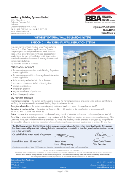 Epsicon 3 - Mineral Wool External Wall Insulation System 03/4058 PS3