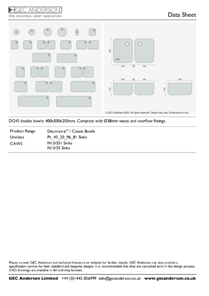GEC Anderson Data Sheet - DG45 Double Bowls