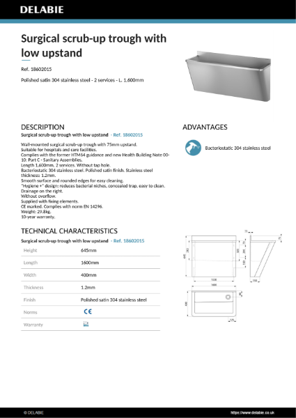 Surgical Scrub-Up Trough, Low Upstand Product Data Sheet - 18602015