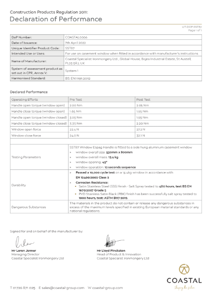 BLU™ - SST87 Contemporary Window Espagnolette Handle Declaration of Performance (Durability Test)