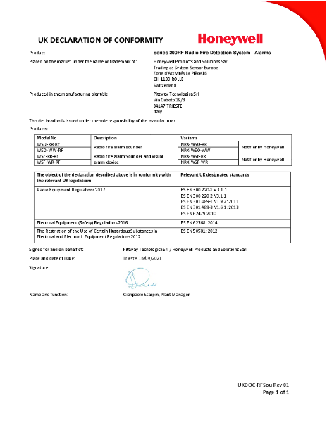 NRX-WSO-RR / NRX-WSO-WW / NRX-WSF-RR / NRX-WSF-WR EN54 Declaration of Conformity