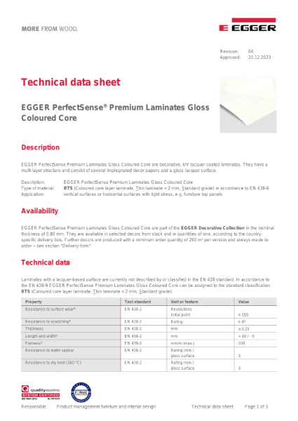 Technical Datasheet - PerfectSense® Premium Laminate Gloss with Coloured Core