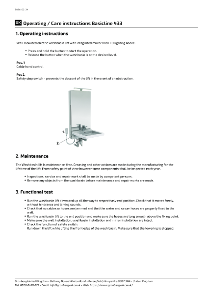 Operating + Care instructions Granberg Washbasin lift Basicline 433