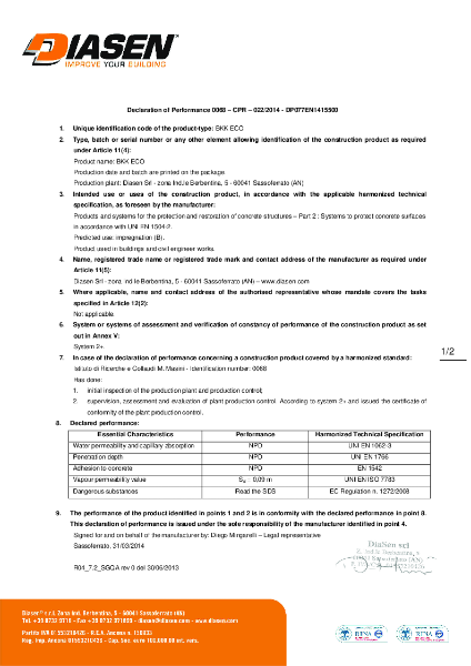 Diasen BKK Eco Declaration of Performance (DOP)