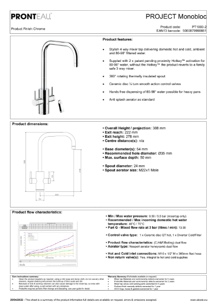 PT1003-2 Pronteau Project Monobloc (Chrome), 4 IN 1 Steaming Hot Water Tap - Consumer Specification