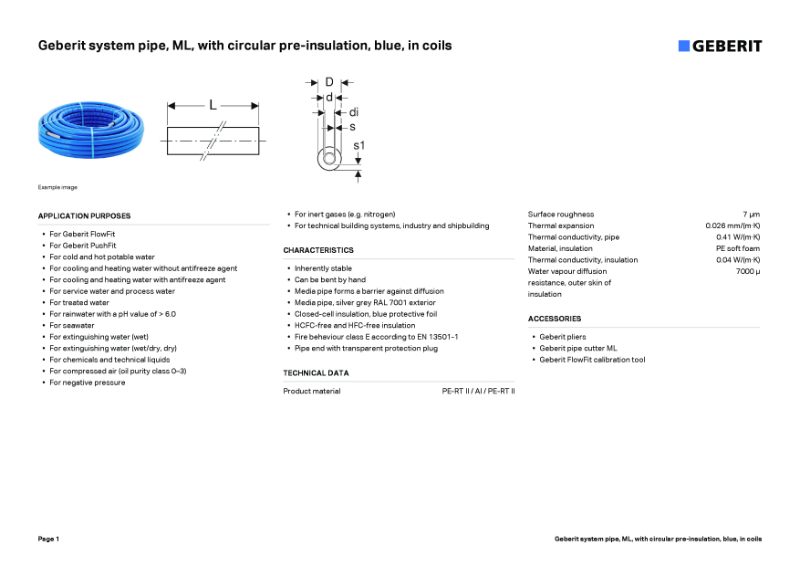 Geberit system pipe, ML, with circular pre-insulation, blue, in coils