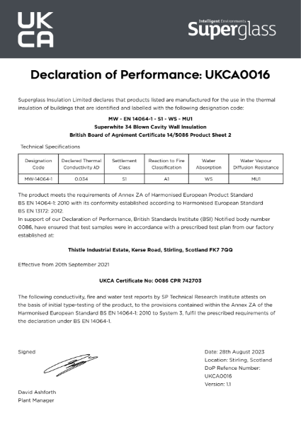 Declaration of Performance (DoP) - Superwhite 34 Blown - UKCA