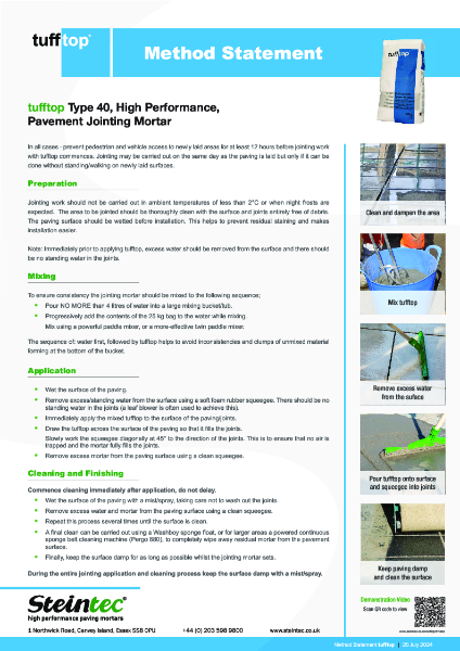 Method Statement - tufftop Type 40 jointing mortar
