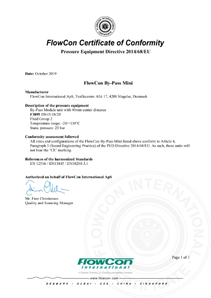 FlowCon Mini Flushing Bypass 40mm Centres PED Certificate