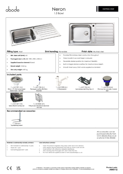AW51112. Neron Stainless Steel Sink, Single Bowl & Drainer (Compact)  - Consumer Specification