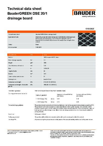 BauderGREEN DSE 20 Drainage Board - Technical data sheet