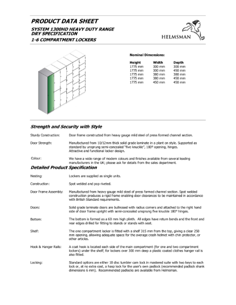 Product Data Sheet - Heavy Duty Range 1-6 Compartments Dry Specification