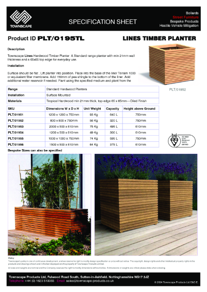 PLT195TL Standard Line Timber Planter Range Specification Sheet