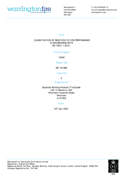 Classification of reaction to fire performance