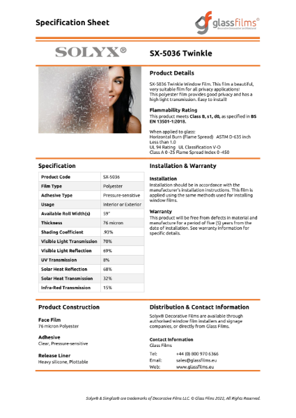 SX-5036 Twinkle Specification Sheet