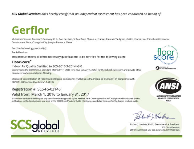 Indoor Air Quality Certificate (FloorScore® Tiles)