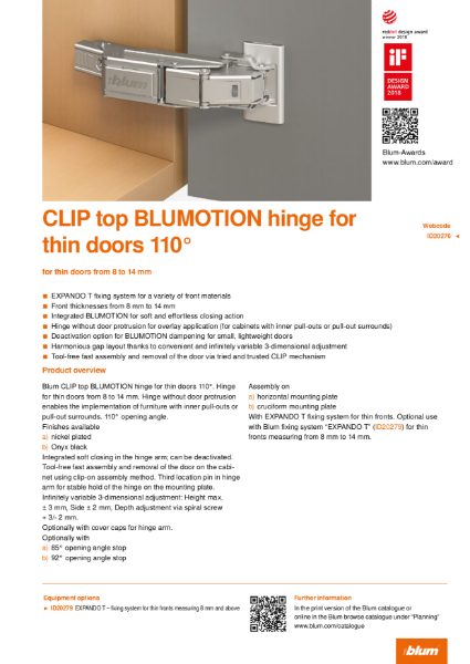 CLIP top BLUMOTION 110 Degree Hinge for Thin Doors Specification Text