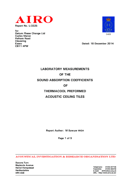 BS EN ISO 354 Sound Absorption Coefficient Test Report