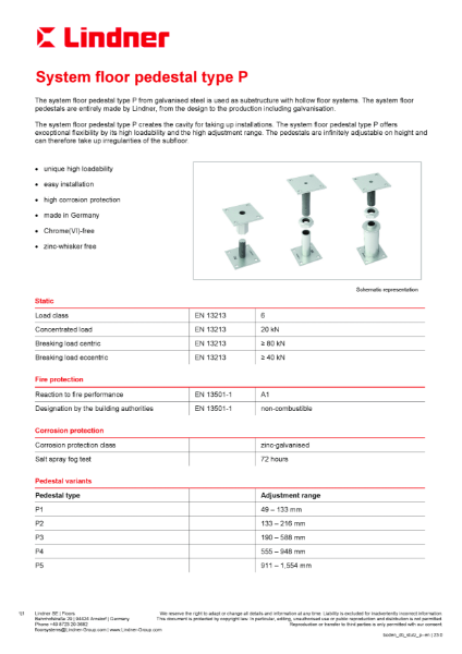 Lindner system floor pedestal type P