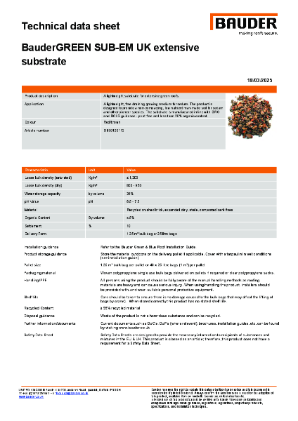 BauderGREEN SUB-EM UK Extensive Substrate - Technical Data Sheet