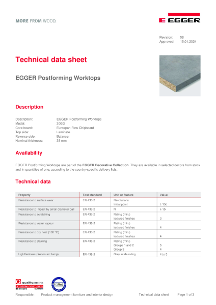 Technical Datasheet - Worktop 38mm Postformed