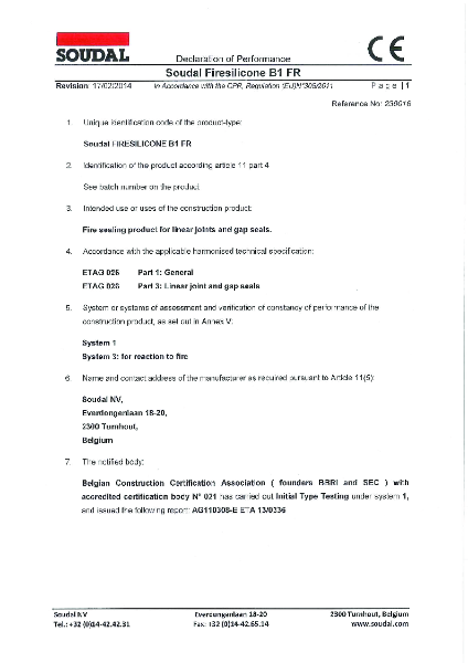 Fire Silicone B1 FR Declaration of Performance (DoP) Ref 230016