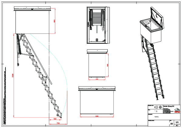 Gorter RHTS7014-H Roof Hatch with integrated Scissor stair for ceiling height 3000 - 3500 mm – Technical 2D Drawing