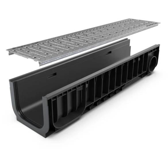 BASE 200P Channel drain with galvanised steel slotted grating, A15 - Drainage Channels with Grating