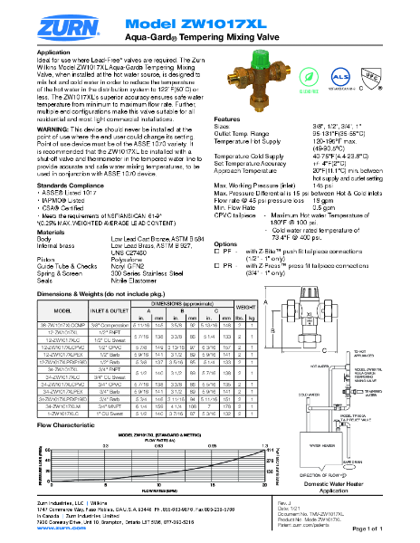 Specification Sheet - ZW1017XL