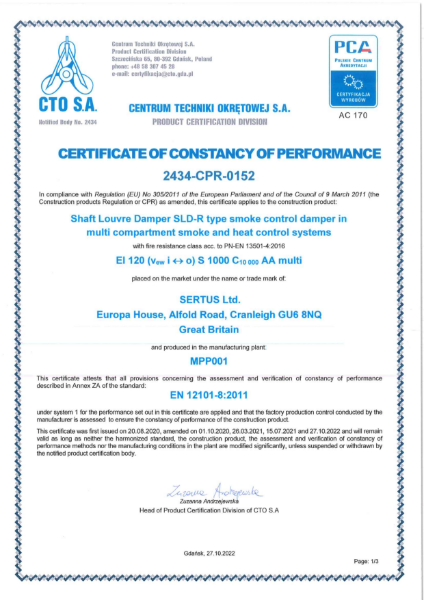 Certificate of Constancy of Performance – Shaft Louvre Damper (SLD-R)