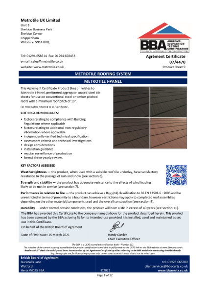 Metrotile iPanel BBA Certificate