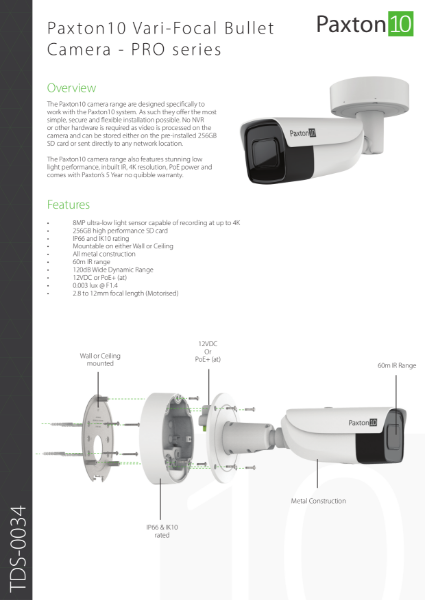 Paxton10 Vari-Focal Bullet Camera – PRO series data sheet