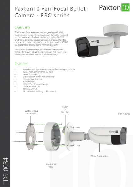 Paxton10 Vari-Focal Bullet Camera, PRO series - data sheet