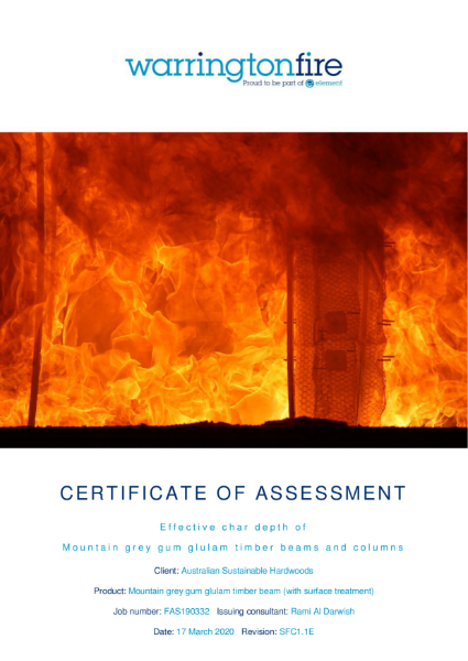 Warringtonfire Aus Pty Ltd: Certificate of Assessment - Effective char depth of Victorian Ash Glulam timber beams and columns