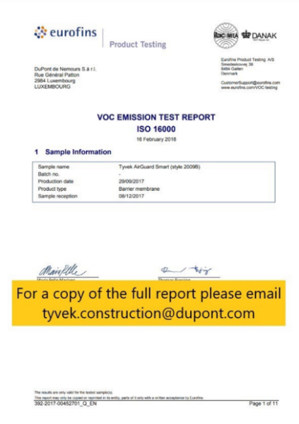 ISO 16000 VOC emission report first page