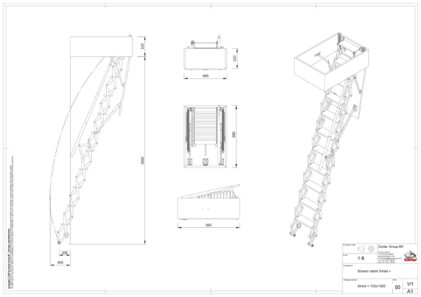 Gorter Scissor stairs - Small+ 700 x 1000 mm – Ceiling height up to 3000 mm - Technical 2D Drawing