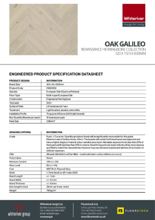 120 x 15 x 600mm Renaissance Oak Galileo Herringbone Spec Sheet