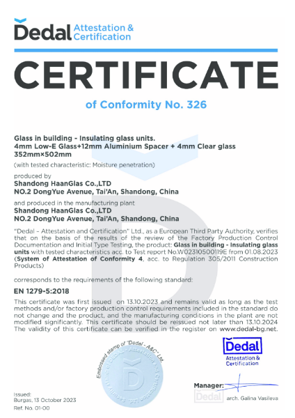 Glass in building - Insulating glass units.
4mm Low-E Glass+12mm Aluminium Spacer + 4mm Clear glass 
352mm×502mm. Certification according to EN 1279-5