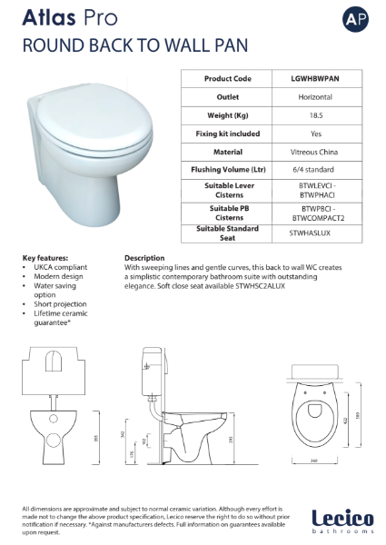 Atlas Pro Round Back To Wall Pan Data Sheet