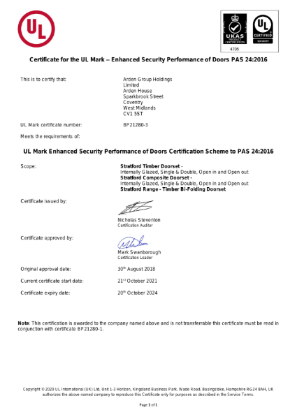 Certificate for the UL Mark – Enhanced Security Performance of Doors PAS 24:2016