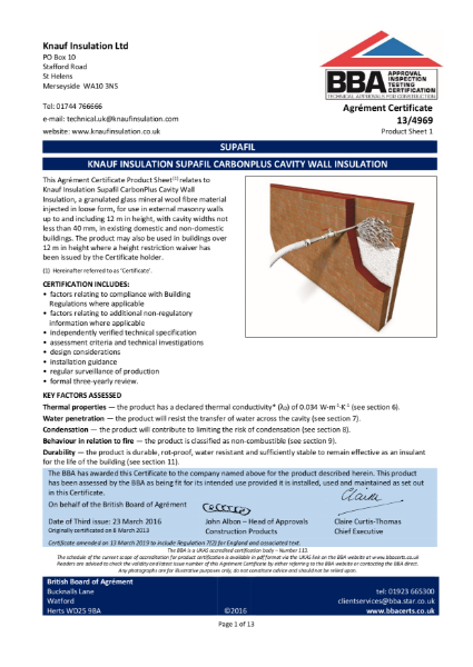 Knauf Insulation Supafil® CarbonPlus - BBA Certificate 13/4969 