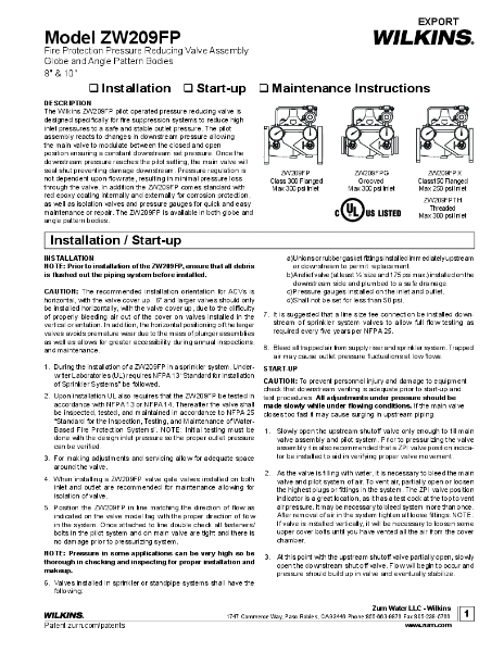 Installation Instructions - ZW209FP (8" - 10") EXPORT